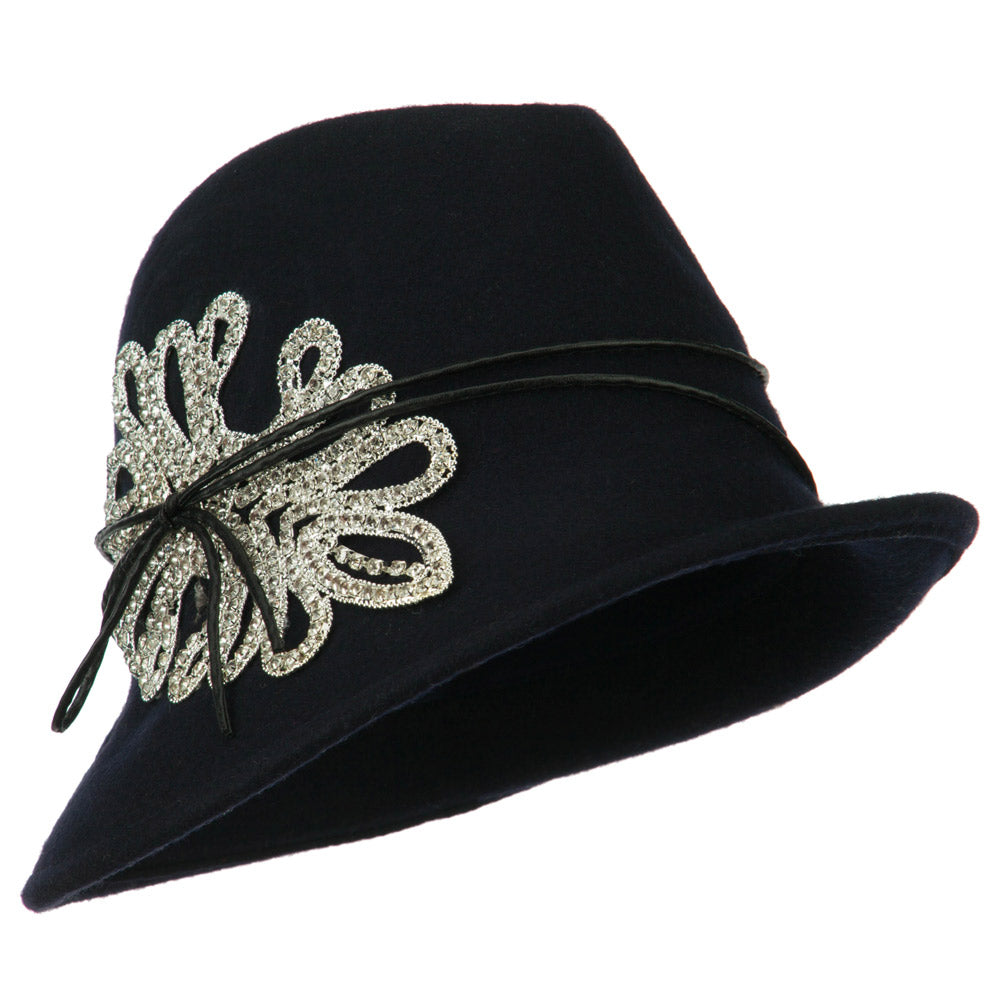 Ladies Wool Felt Stones Fedora - Navy OSFM