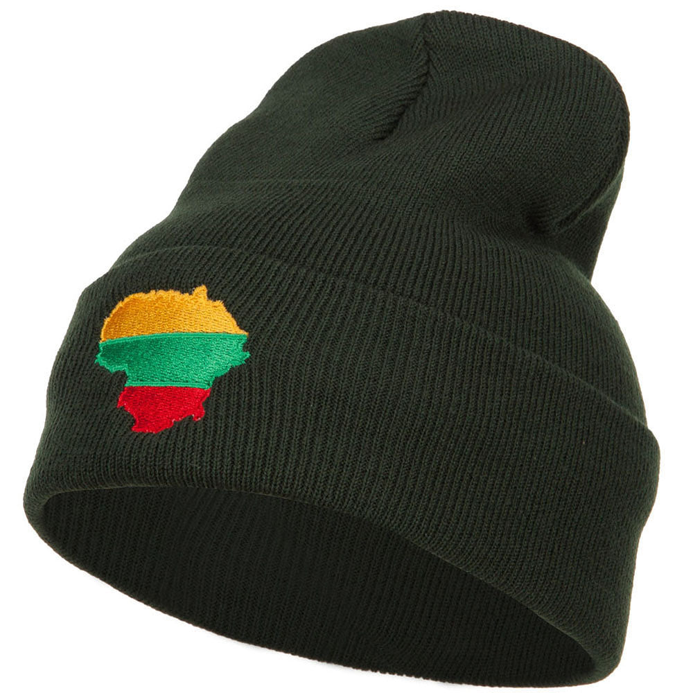 Lithuania Flag Map Embroidered Long Beanie - Olive OSFM