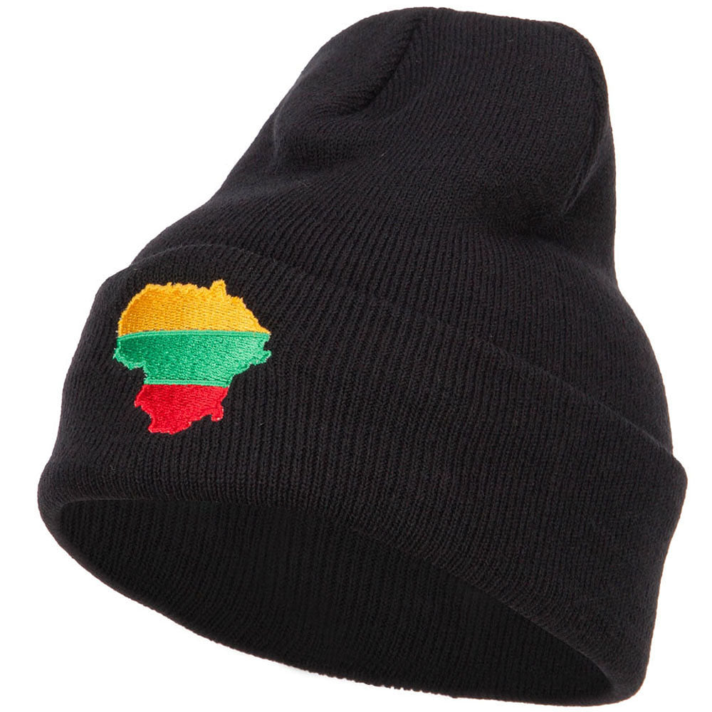 Lithuania Flag Map Embroidered Long Beanie - Black OSFM