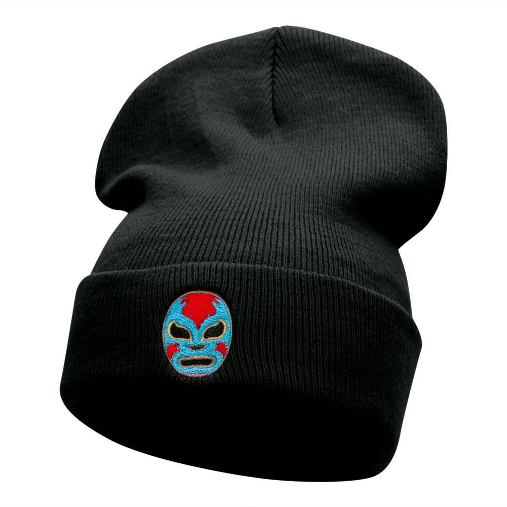 Luchador Mask Face Embroidered Long Knitted Beanie - Black OSFM