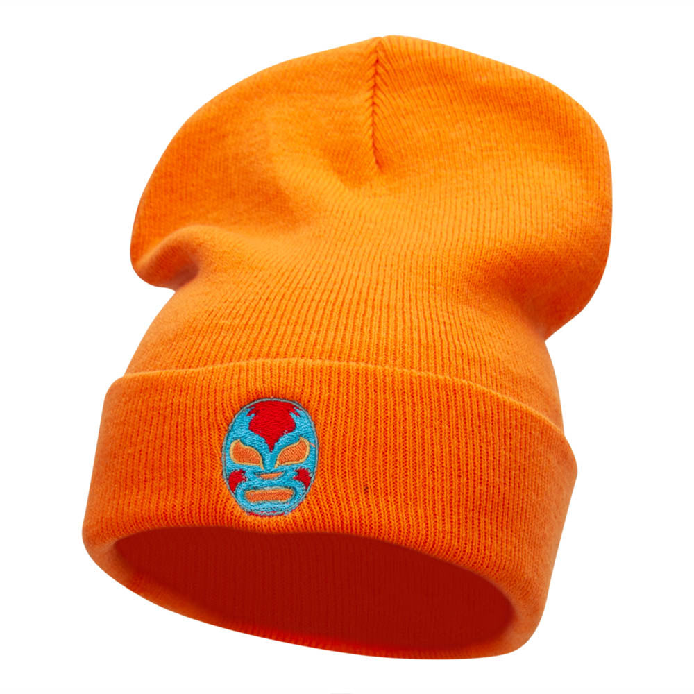 Luchador Mask Face Embroidered Long Knitted Beanie - Orange OSFM