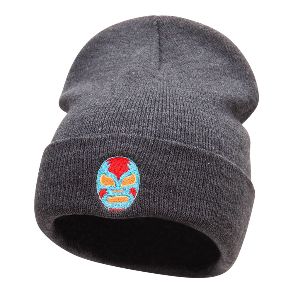 Luchador Mask Face Embroidered Long Knitted Beanie - Heather Charcoal OSFM