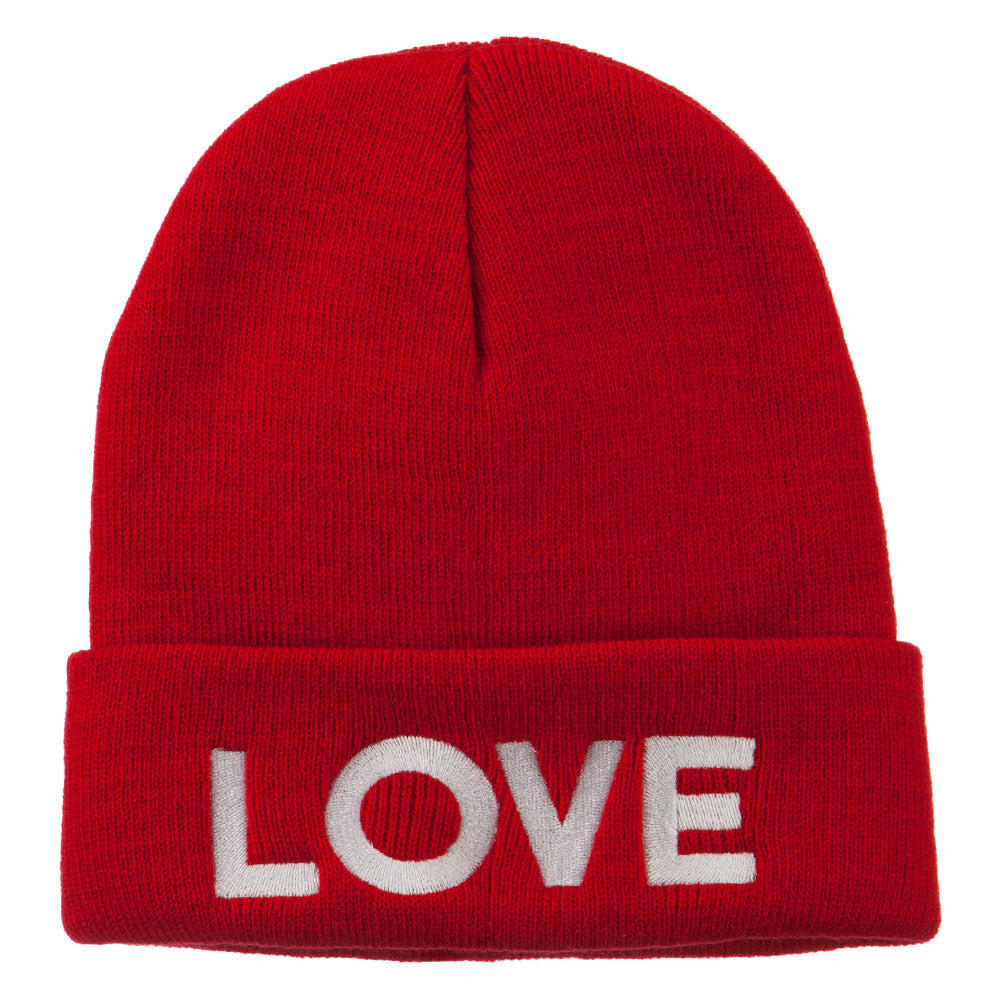 Love Embroidered Long Beanie - Red OSFM