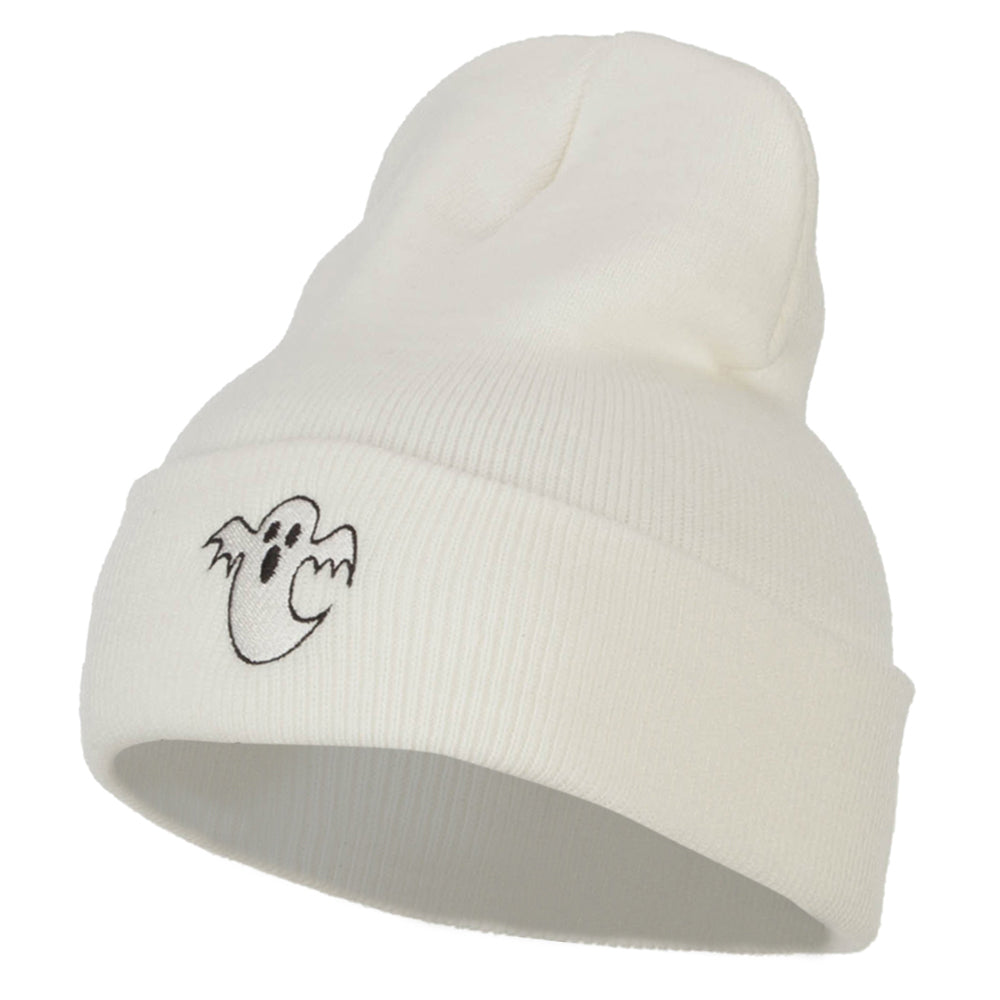Halloween Ghost Embroidered Long Beanie - White OSFM
