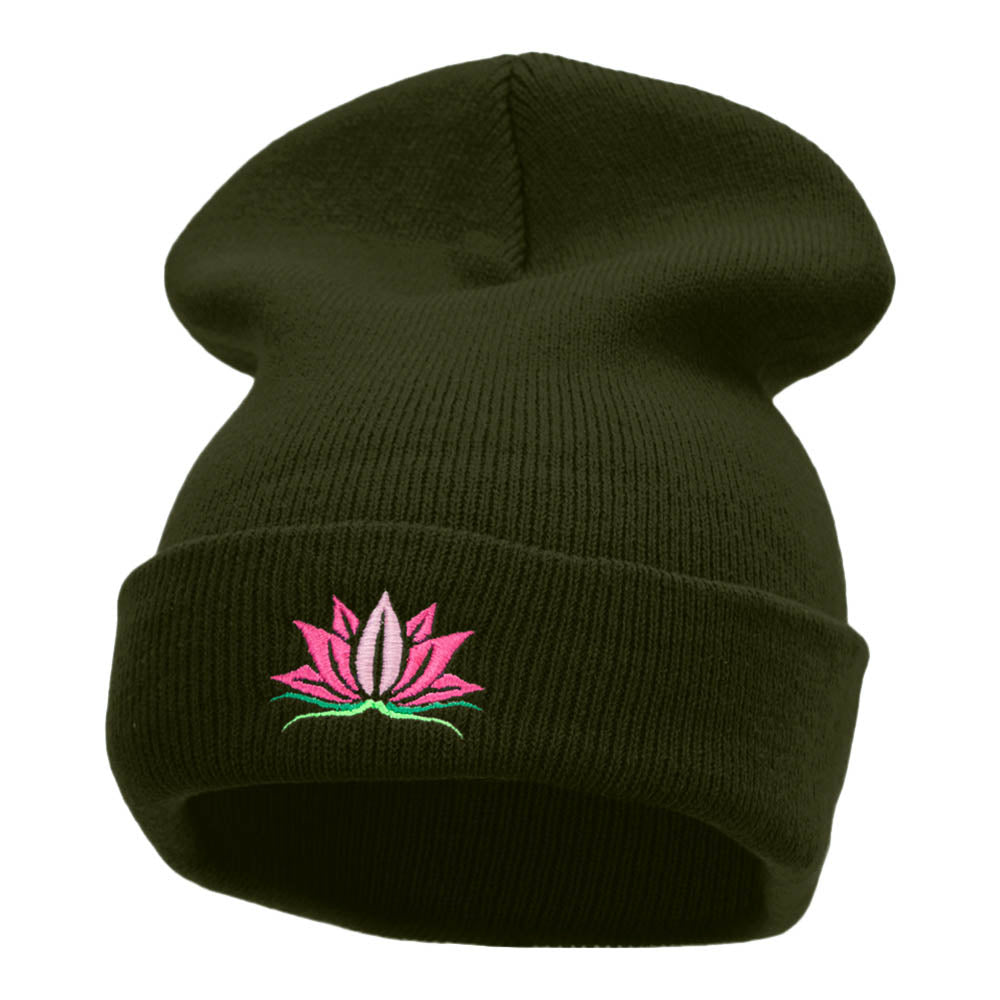 Spiritual Lotus Motif Embroidered Long Knitted Beanie - Olive OSFM