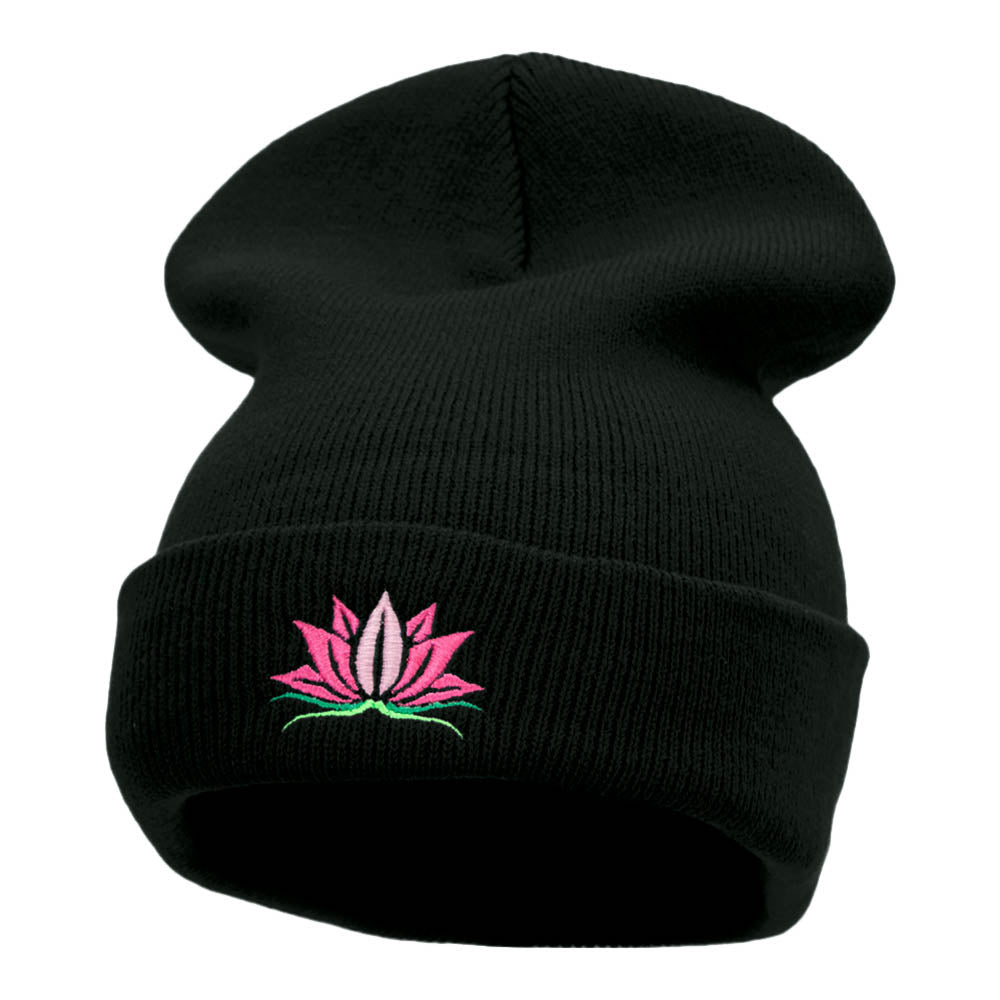 Spiritual Lotus Motif Embroidered Long Knitted Beanie - Black OSFM