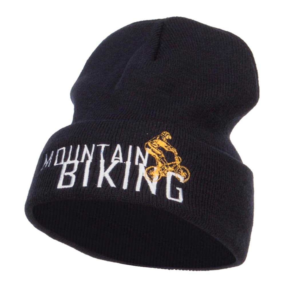 Mountain Biking Embroidered Long Beanie - Navy OSFM