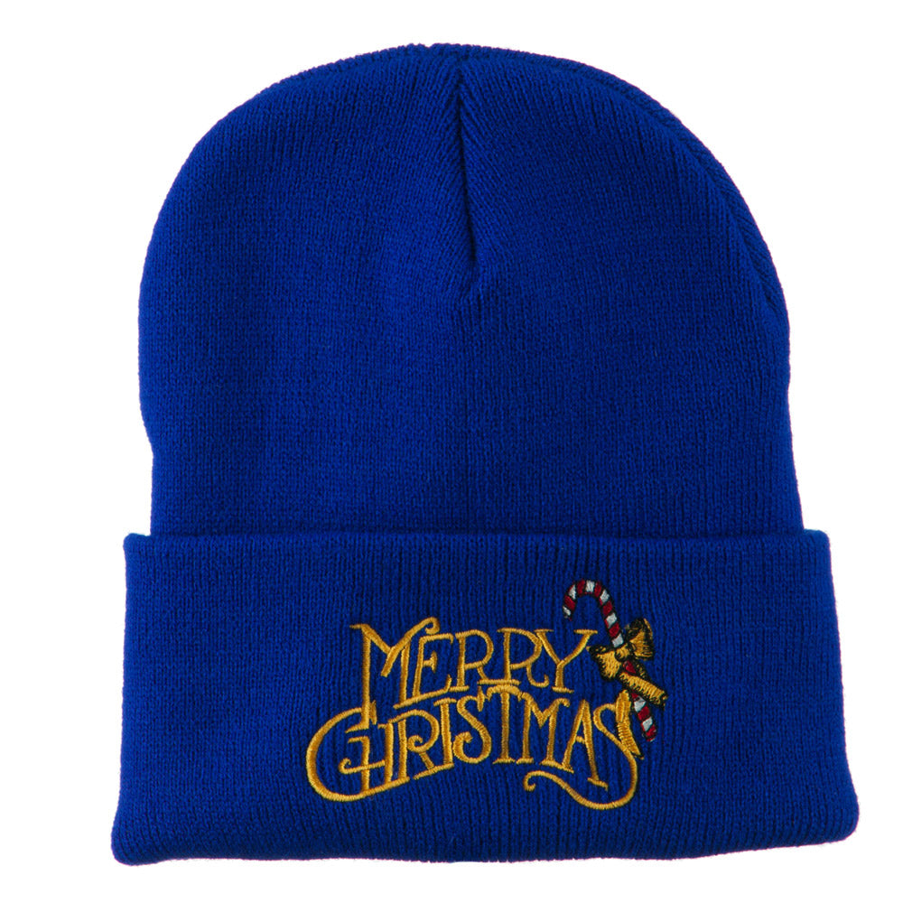 Merry Christmas with Candy Cane Embroidered Long Beanie - Royal OSFM