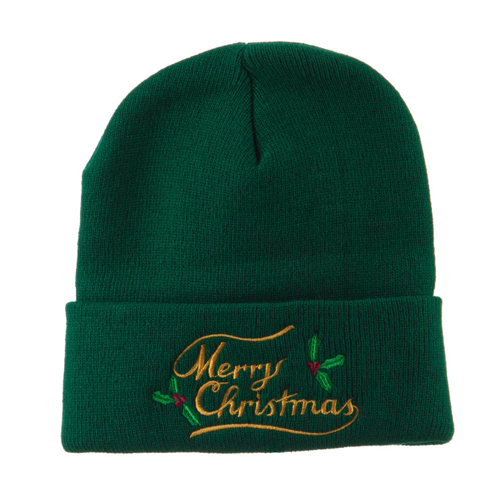 Merry Christmas with Mistletoes Embroidered Long Beanie - Green OSFM