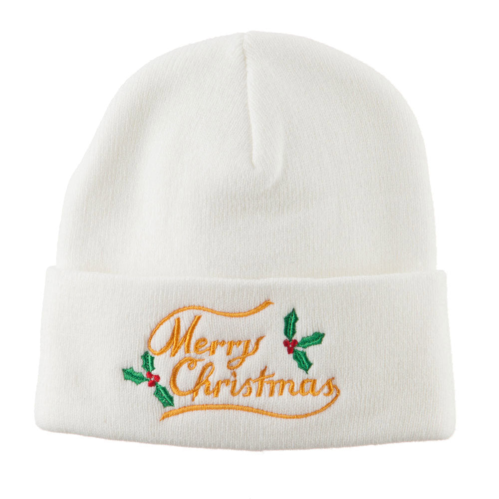 Merry Christmas with Mistletoes Embroidered Long Beanie - White OSFM