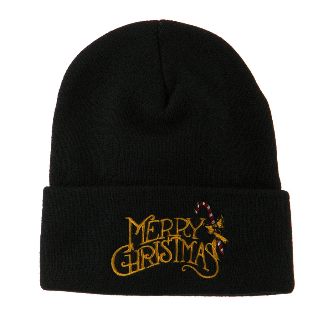Merry Christmas with Candy Cane Embroidered Long Beanie - Black OSFM