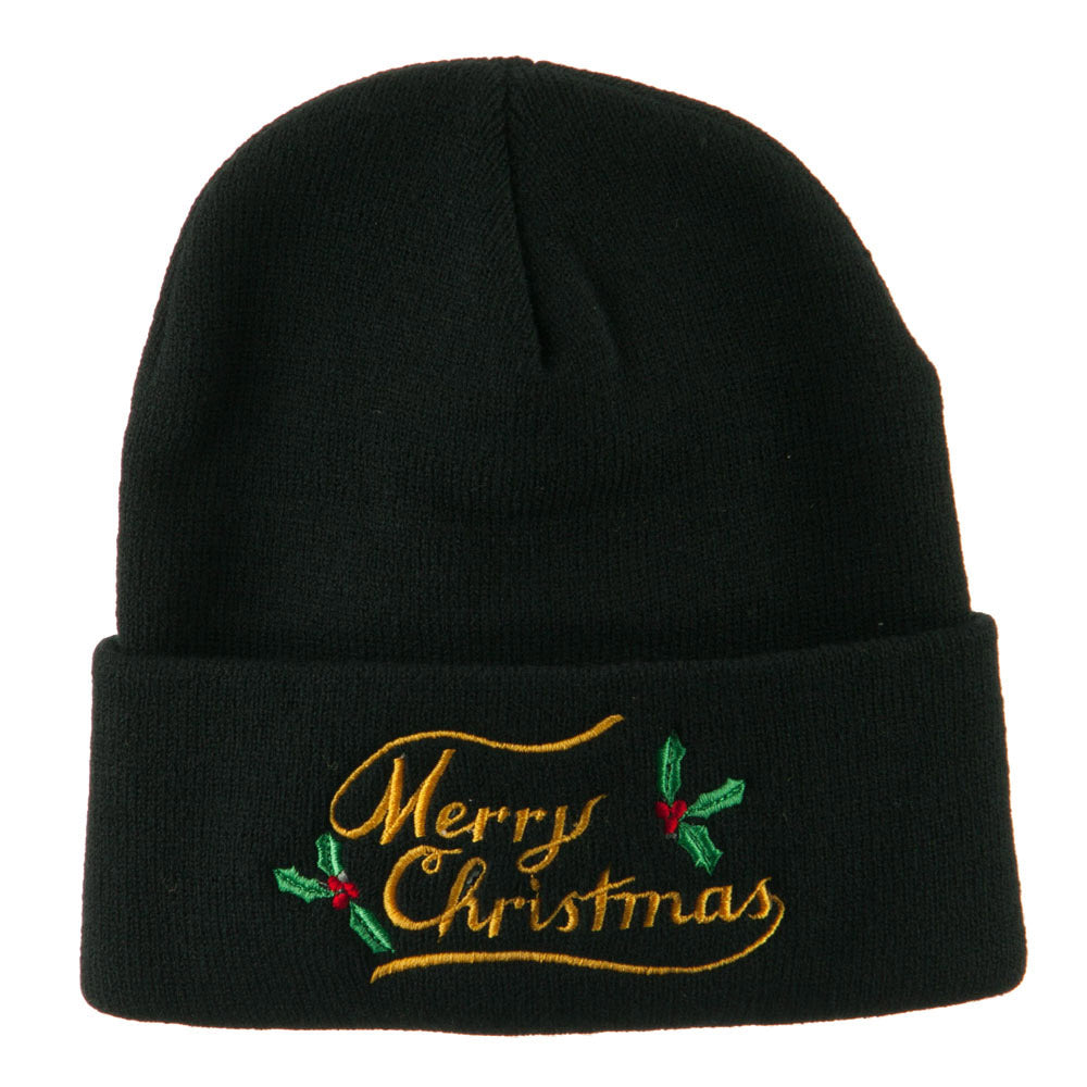 Merry Christmas with Mistletoes Embroidered Long Beanie - Black OSFM