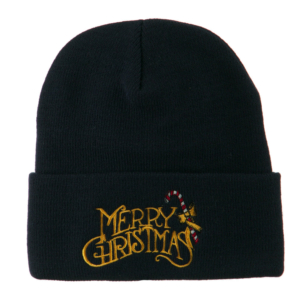 Merry Christmas with Candy Cane Embroidered Long Beanie - Navy OSFM