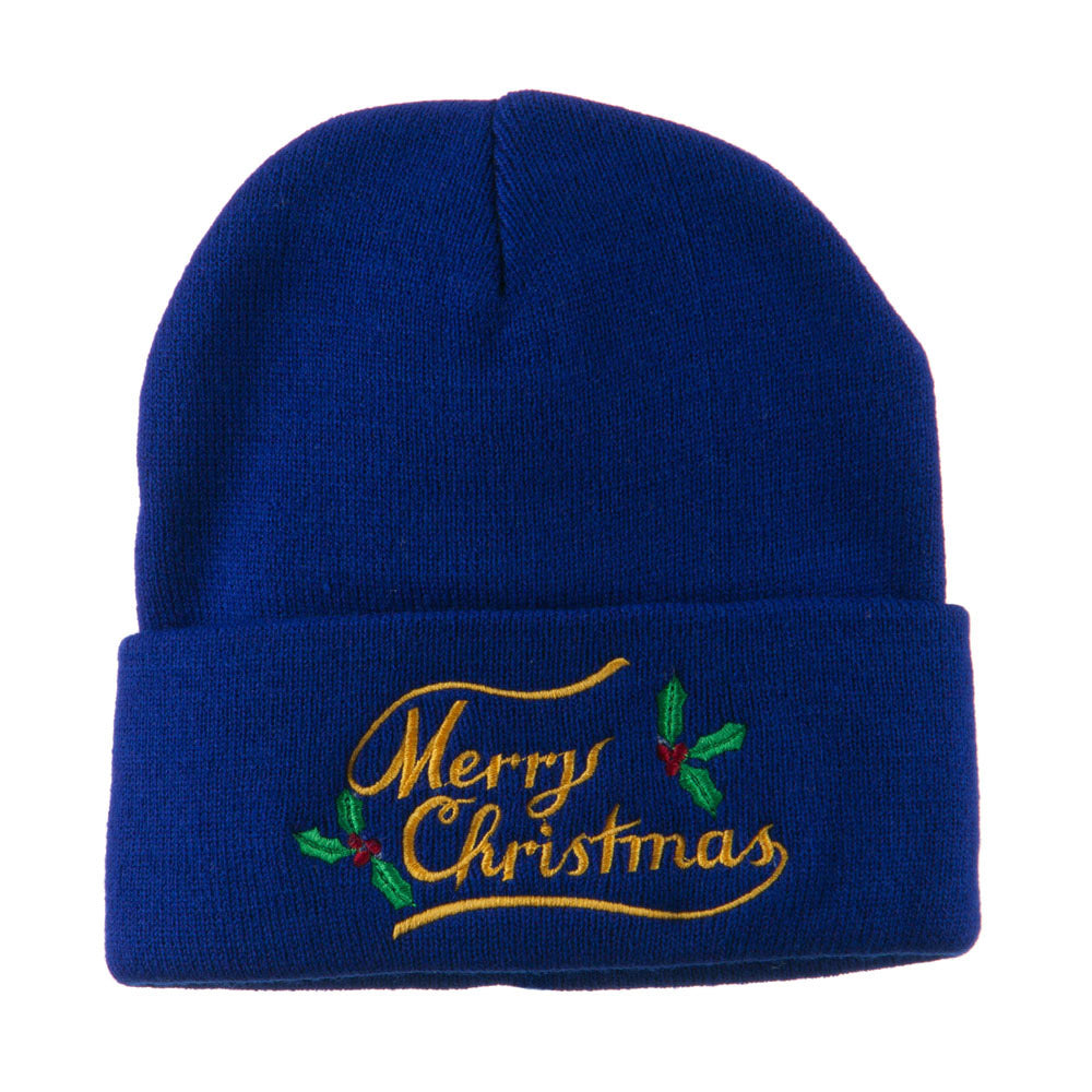 Merry Christmas with Mistletoes Embroidered Long Beanie - Royal OSFM