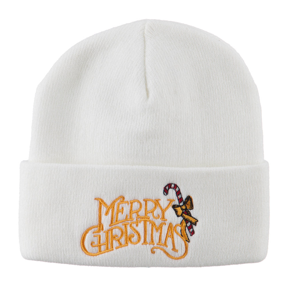 Merry Christmas with Candy Cane Embroidered Long Beanie - White OSFM