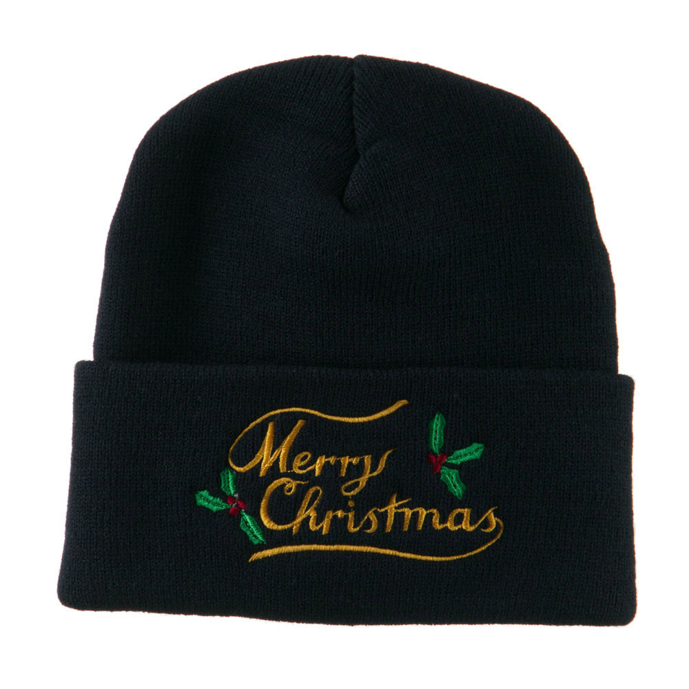 Merry Christmas with Mistletoes Embroidered Long Beanie - Navy OSFM