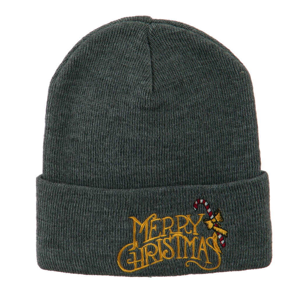 Merry Christmas with Candy Cane Embroidered Long Beanie - Grey OSFM