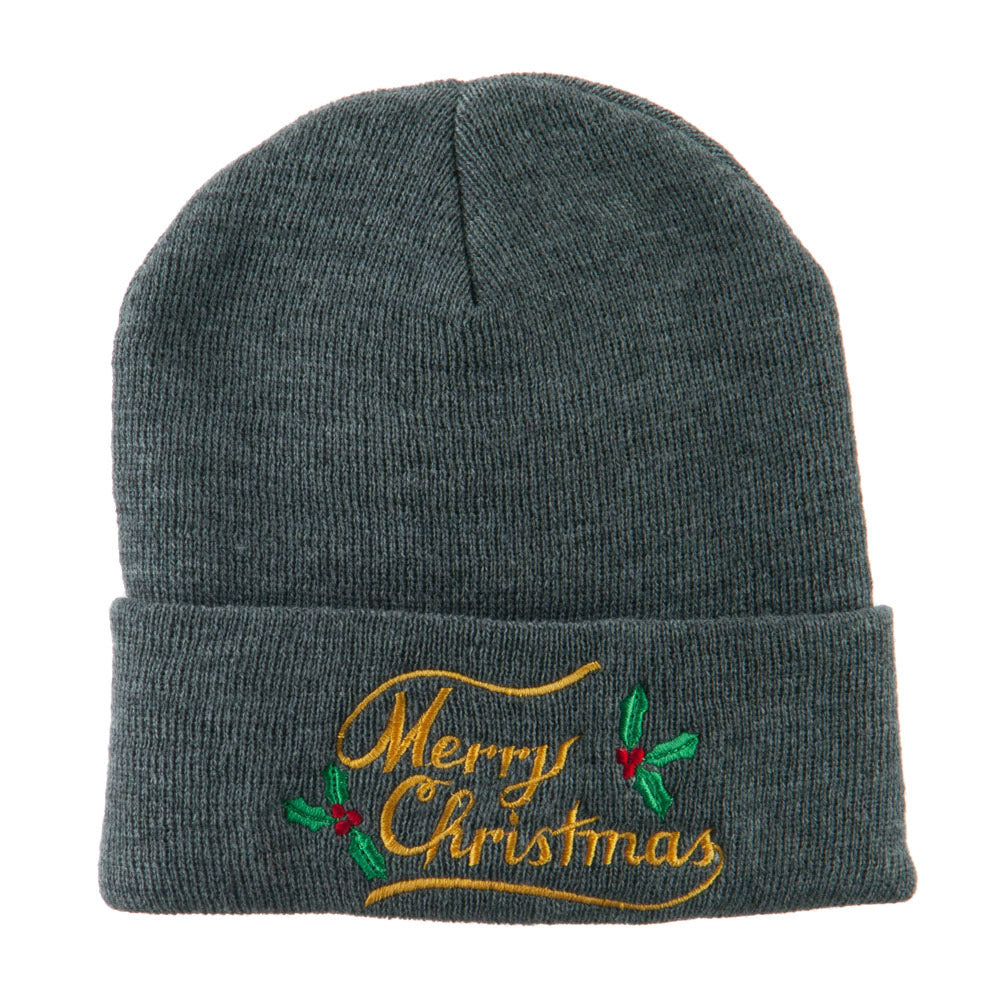 Merry Christmas with Mistletoes Embroidered Long Beanie - Grey OSFM