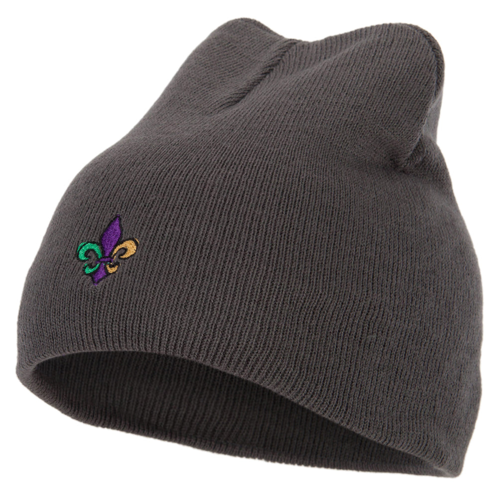 Mardi Gras Fleur de Lis Embroidered 8 Inch Knitted Short Beanie - Dk Grey OSFM