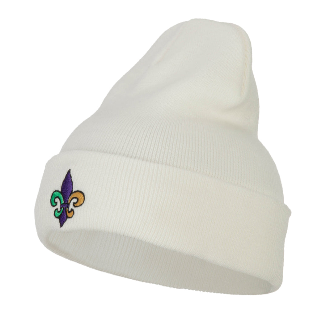 Mardi Gras Fleur de Lis Embroidered Long Beanie - White OSFM