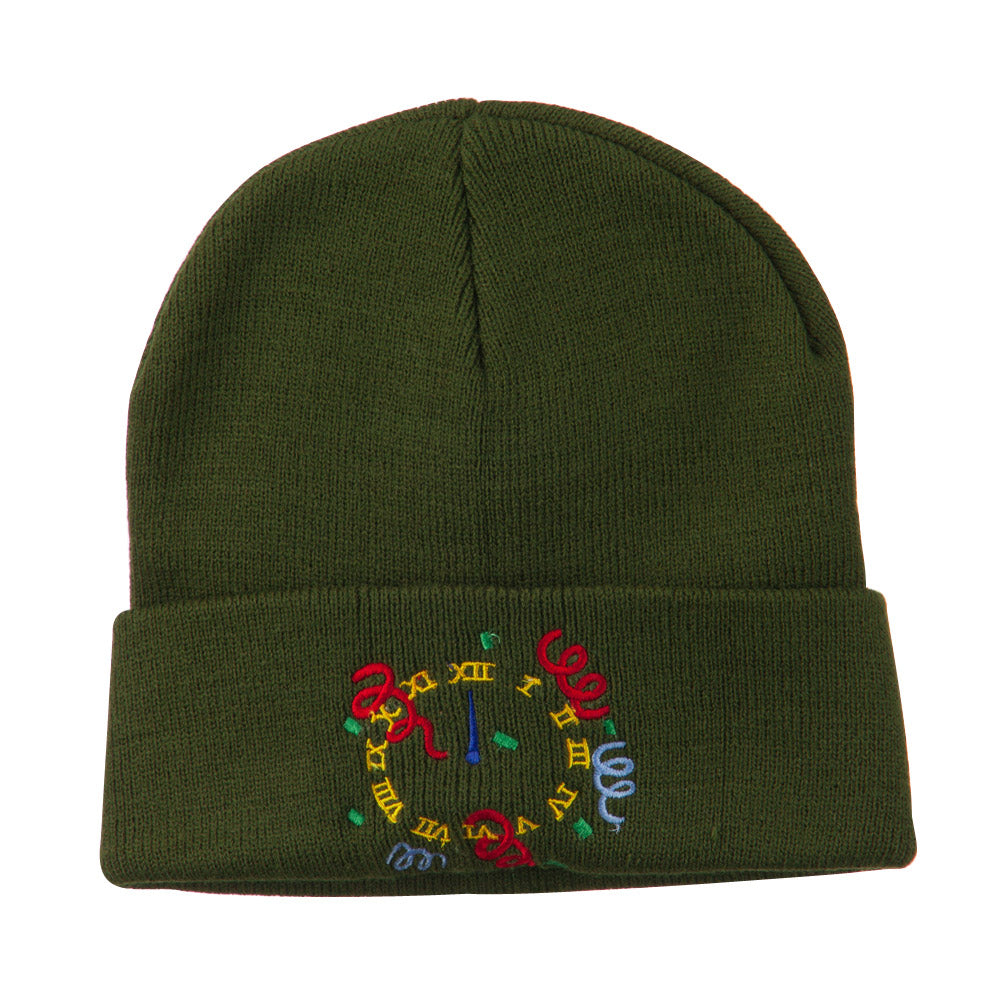 New Years Midnight Clock Embroidered Beanie - Olive OSFM