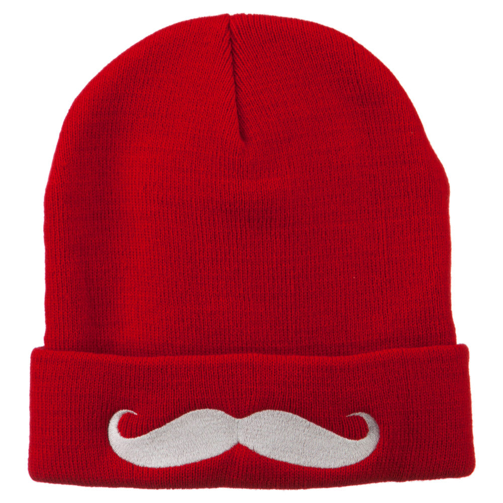 Mustache Embroidered Cuff Long Beanie - Red OSFM