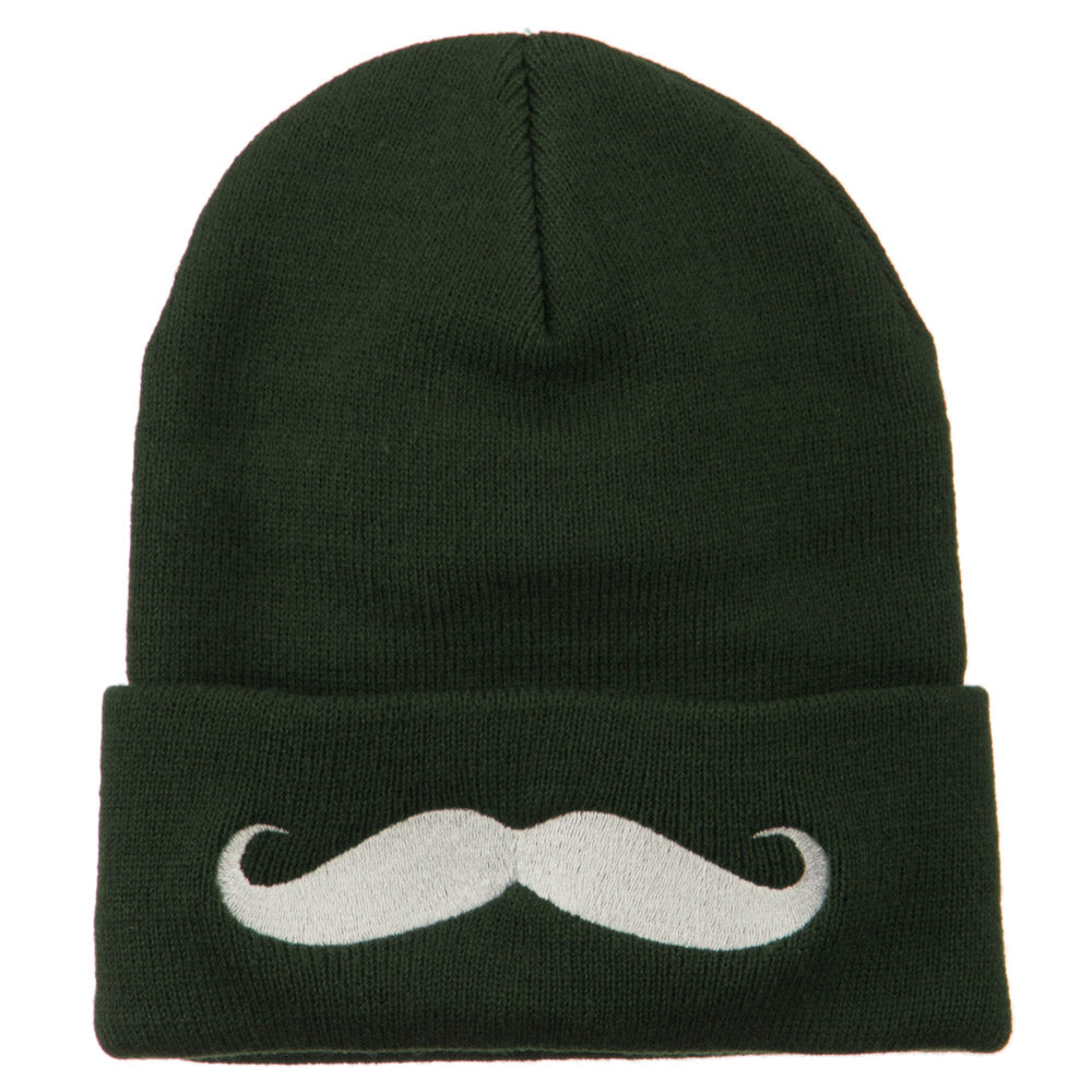 Mustache Embroidered Cuff Long Beanie - Olive OSFM