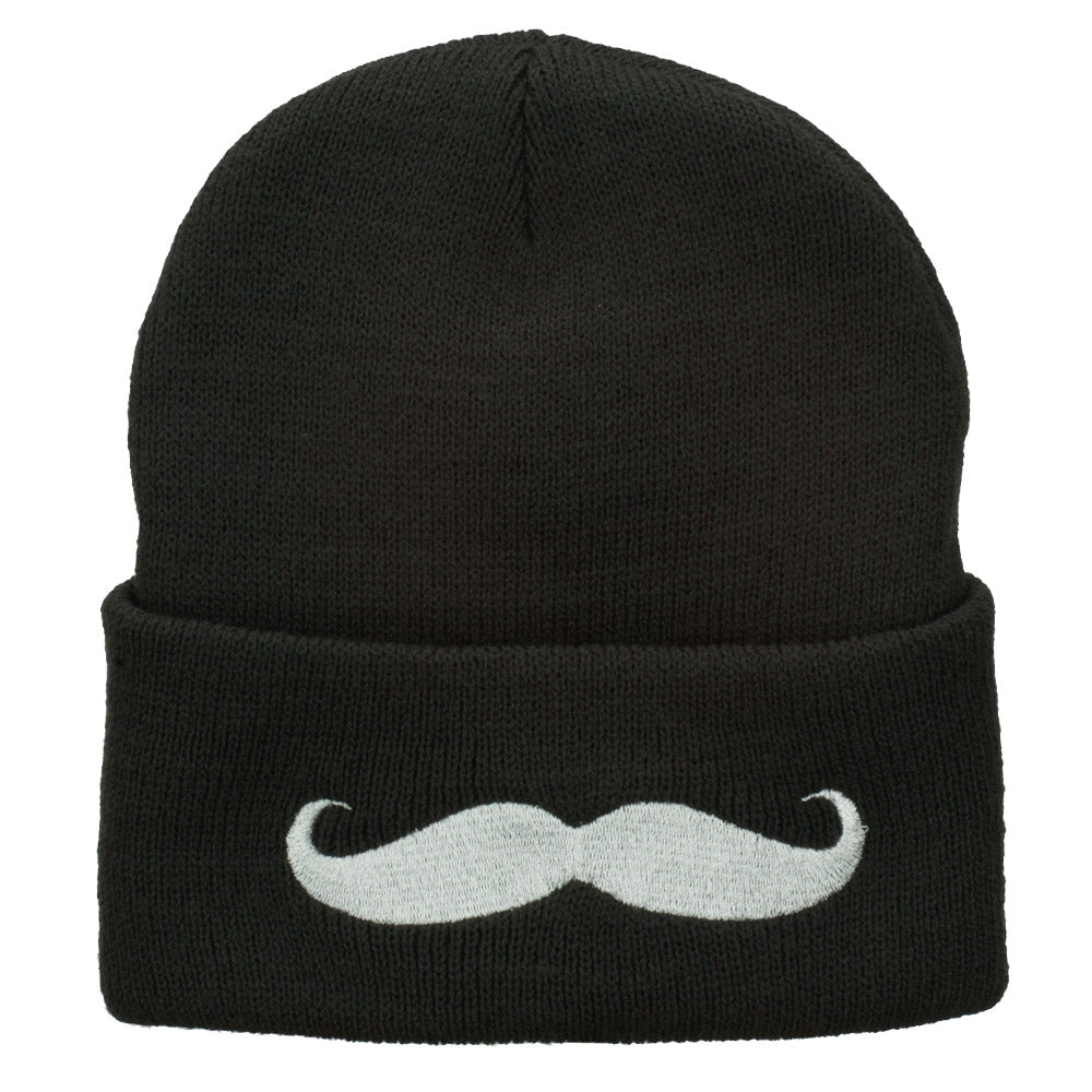 Mustache Embroidered Cuff Long Beanie - Grey OSFM
