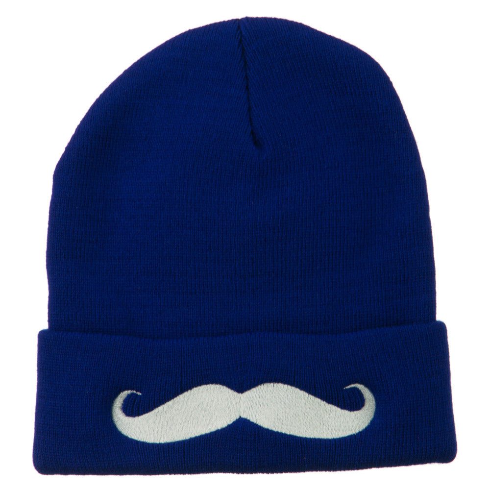 Mustache Embroidered Cuff Long Beanie - Royal OSFM