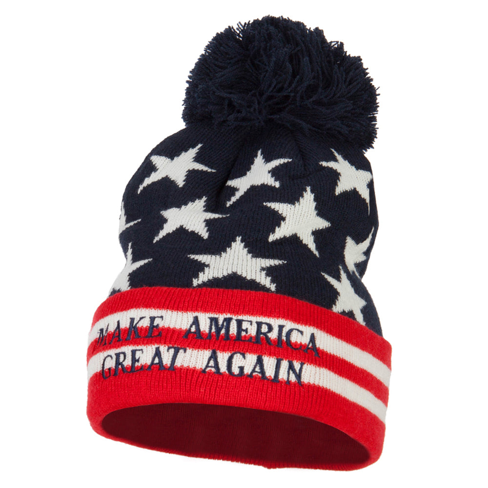 Make America Great Again Embroidered Flag Pom Knit Long Beanie - Navy OSFM