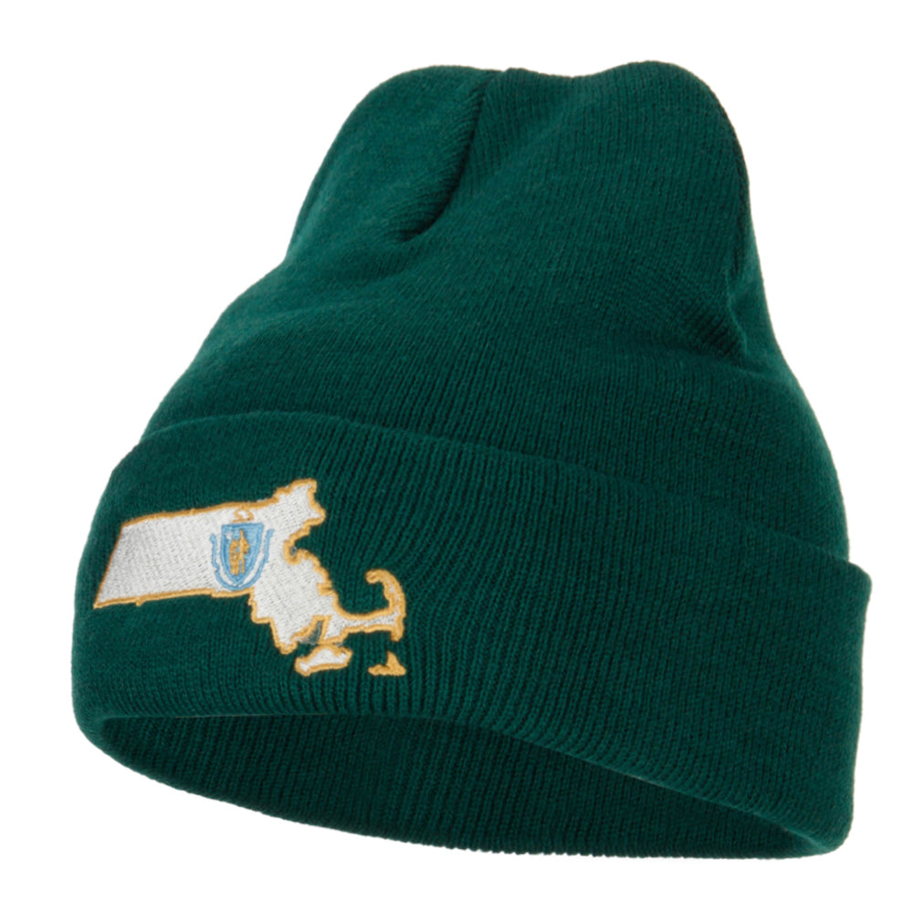 Massachusetts State Flag Map Embroidered Long Beanie - Dk Green OSFM