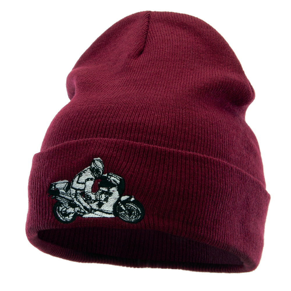 Moto Bike Embroidered 12 Inch Long Knitted Beanie - Maroon OSFM