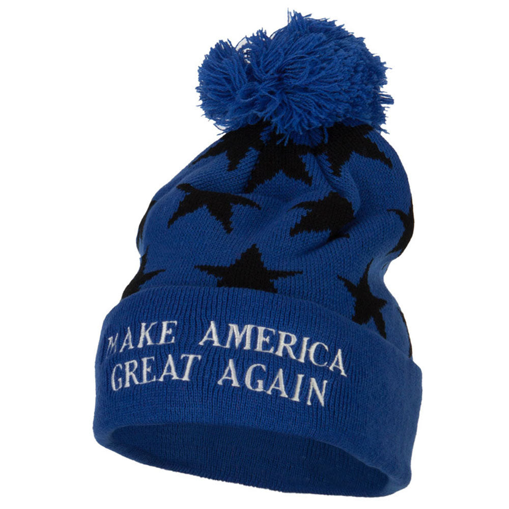 Make America Great Again Embroidered Pom Knit Long Beanie - Blue OSFM