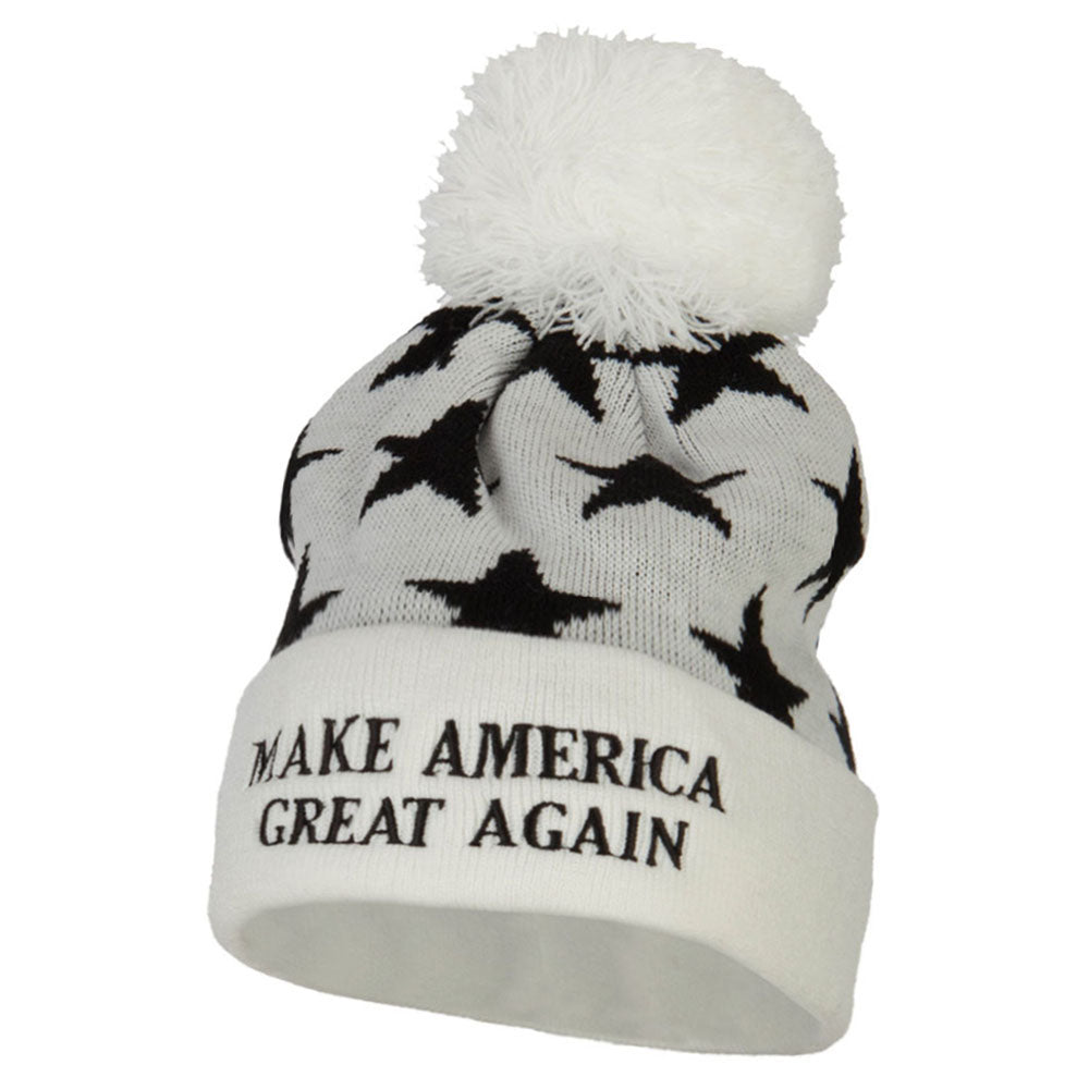 Make America Great Again Embroidered Pom Knit Long Beanie - White OSFM