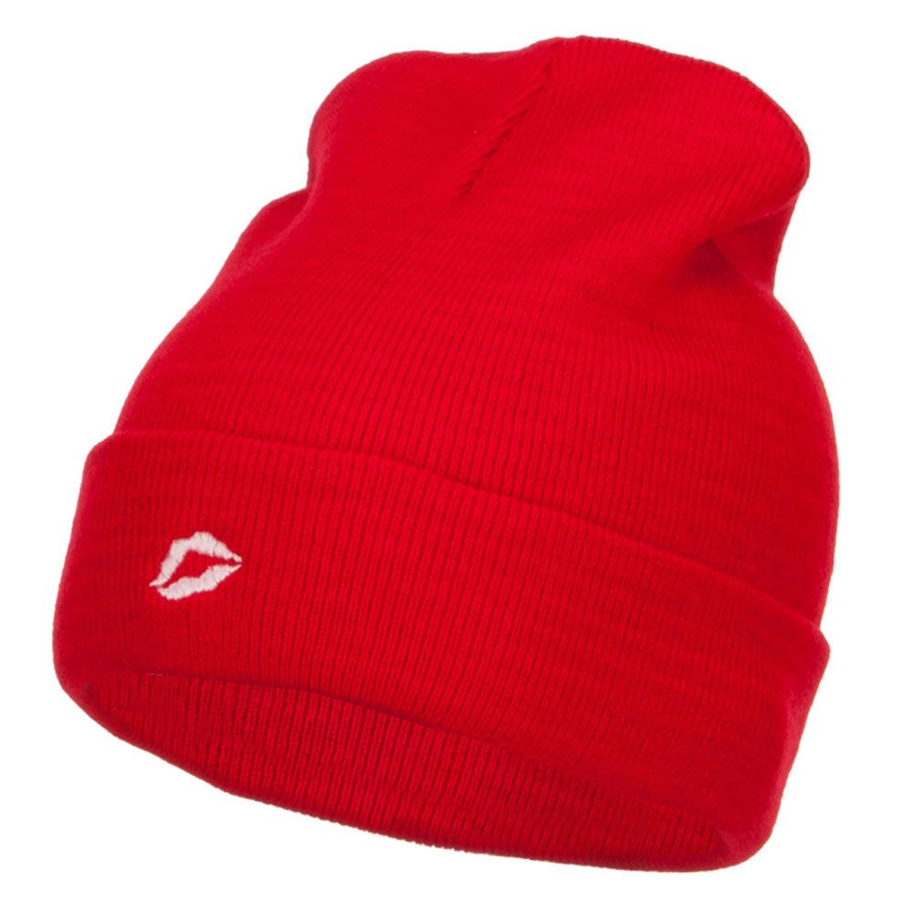 Mini Lips Embroidered Long Beanie - Red OSFM