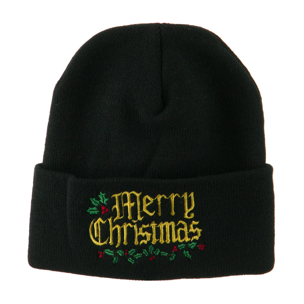 Mistletoe Merry Christmas Embroidered Long Beanie - Black OSFM