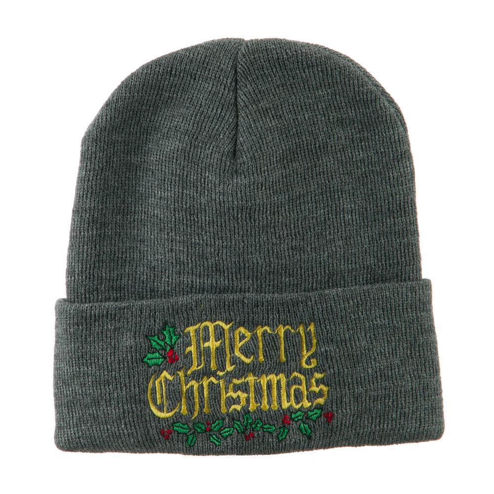 Mistletoe Merry Christmas Embroidered Long Beanie - Grey OSFM