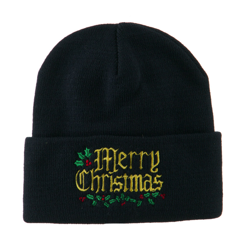 Mistletoe Merry Christmas Embroidered Long Beanie - Navy OSFM