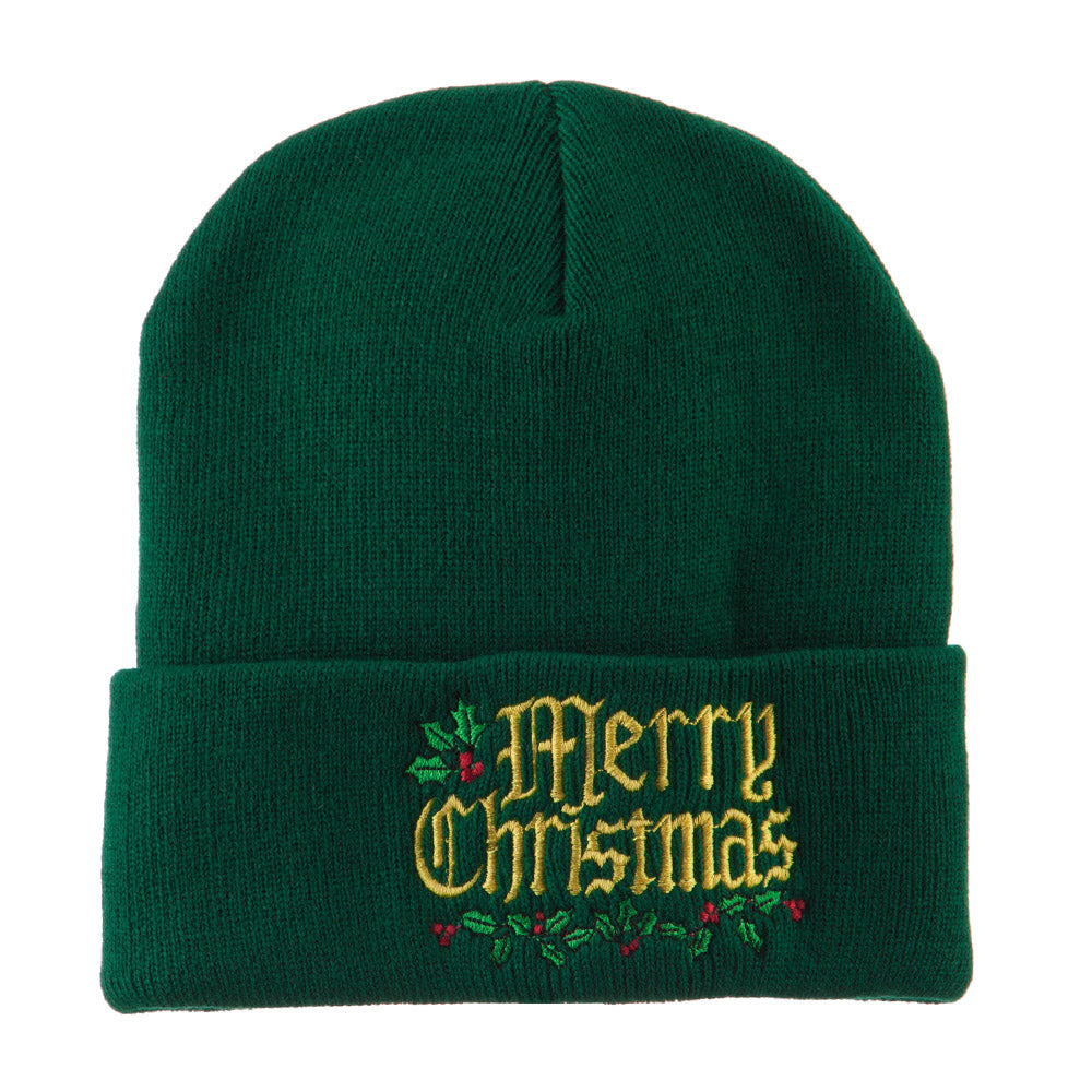 Mistletoe Merry Christmas Embroidered Long Beanie - Green OSFM