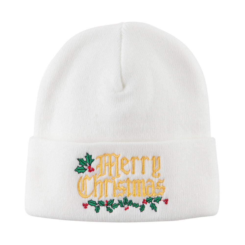 Mistletoe Merry Christmas Embroidered Long Beanie - White OSFM