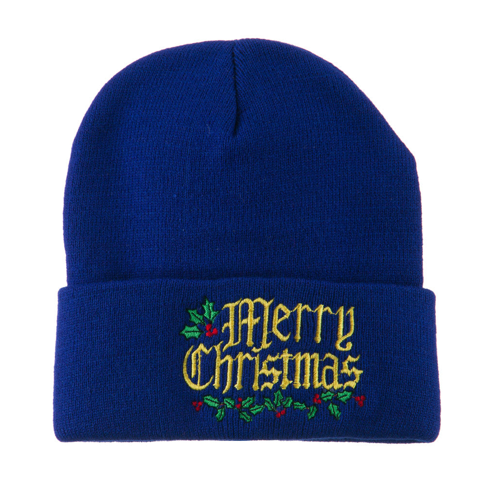 Mistletoe Merry Christmas Embroidered Long Beanie - Royal OSFM