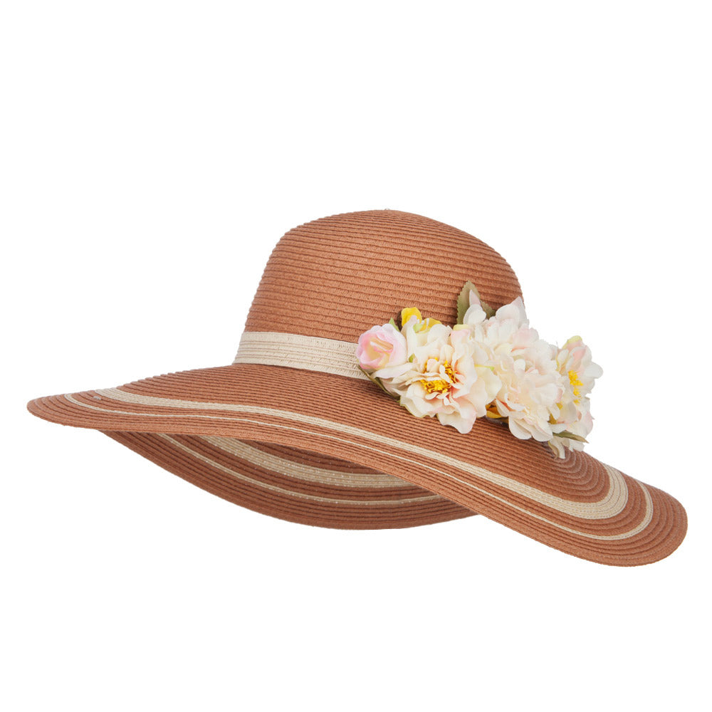 Flower Trim Two Tone Sun Hat - Natural OSFM