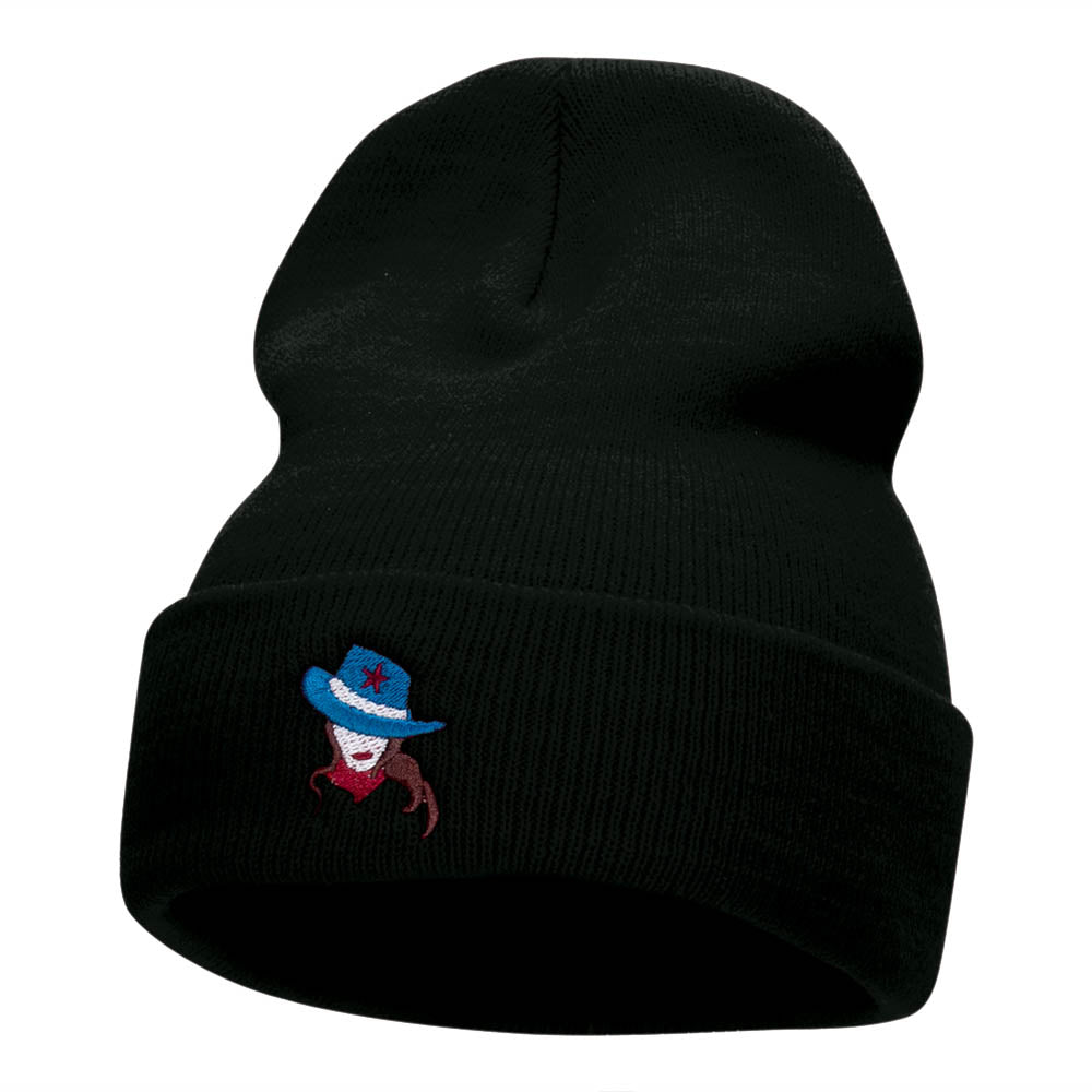 American Cowgirl Head Embroidered Long Knitted Beanie - Black OSFM