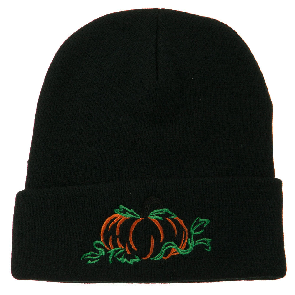 Halloween Pumpkin Embroidered Long Beanie - Black OSFM