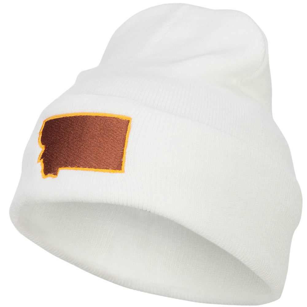 Montana State Map Embroidered Long Beanie - White OSFM