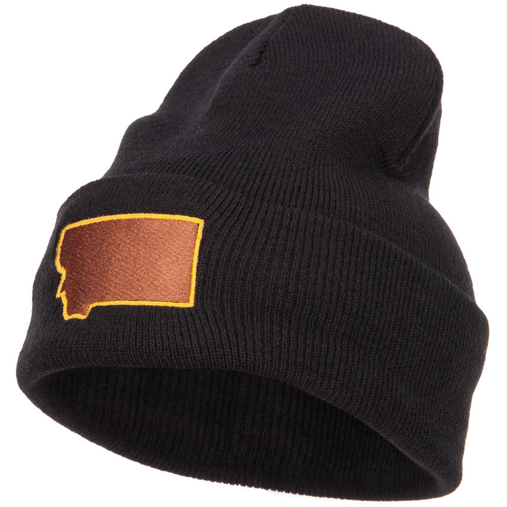 Montana State Map Embroidered Long Beanie - Black OSFM