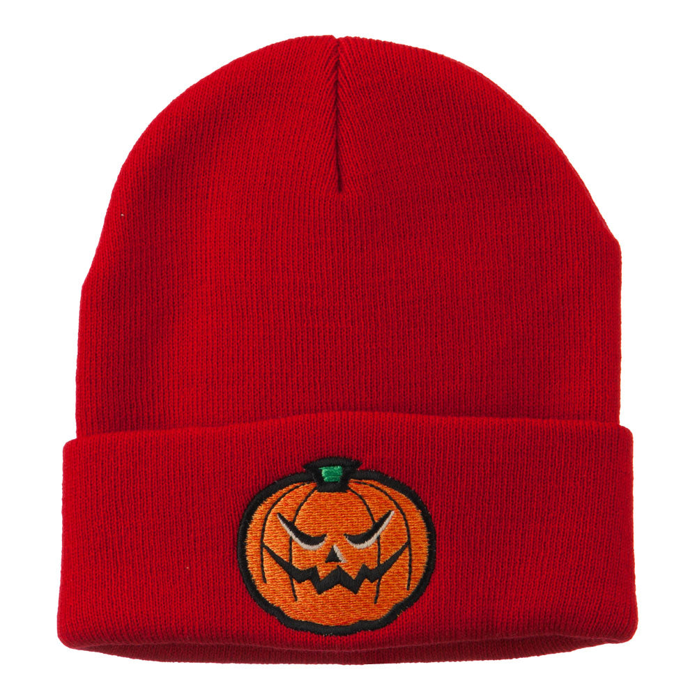 Halloween Mad Jack o Lantern Embroidered Long Beanie - Red OSFM