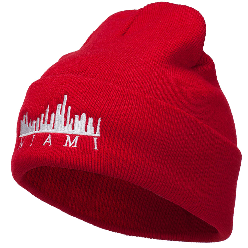 Miami Skyline Embroidered Cuffed Long Beanie - Red OSFM