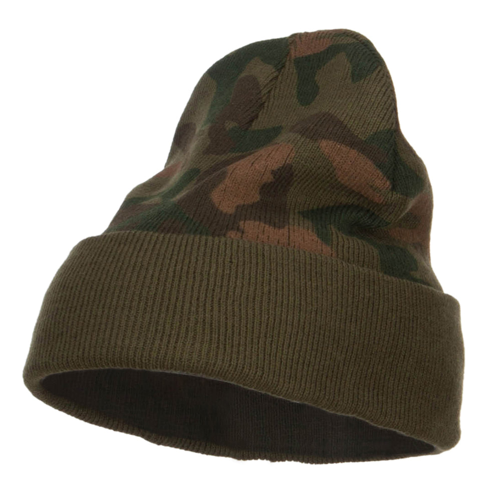 Camo Knit Long Beanie with Cuff - Green OSFM