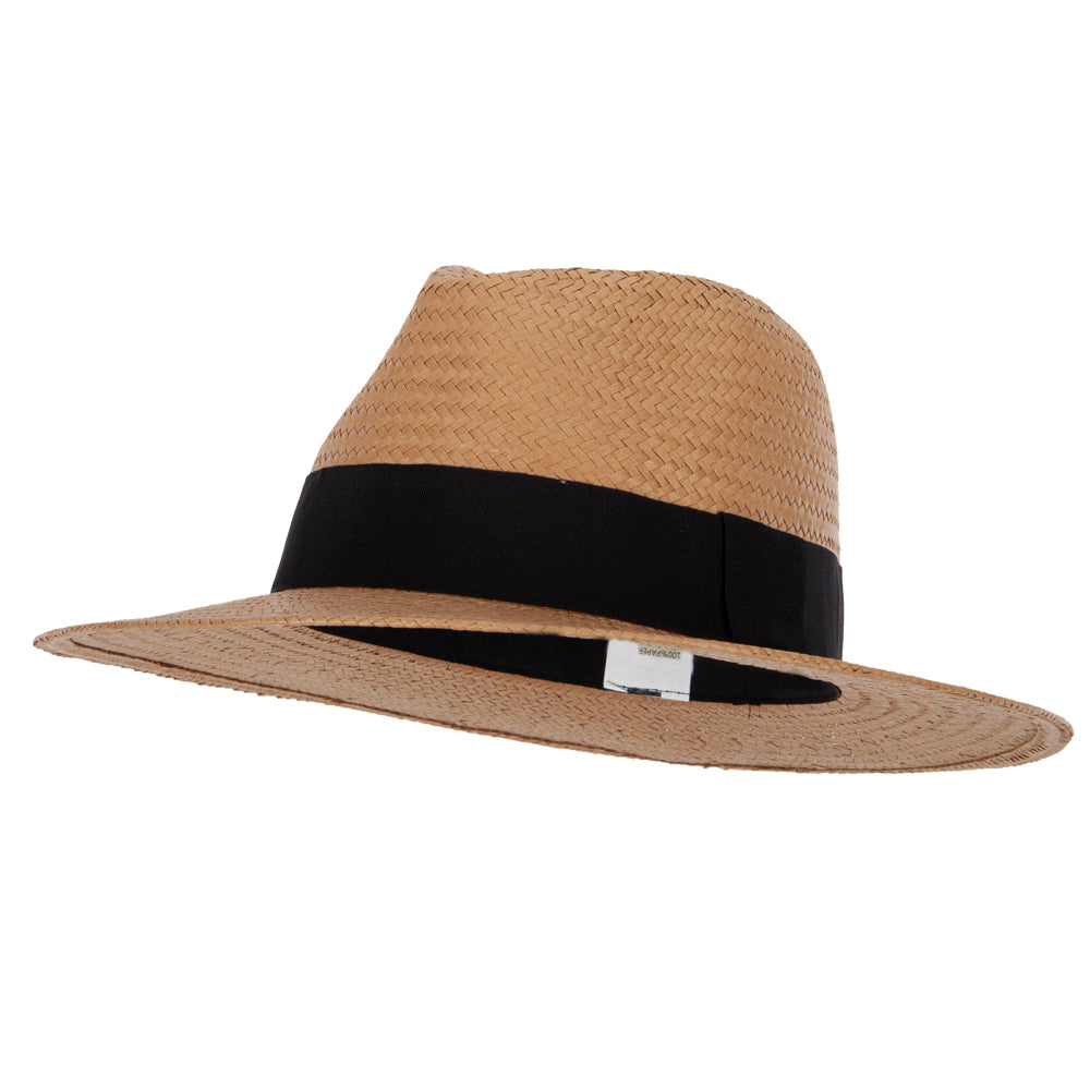 Men&#039;s Toyo Paper Braid Wide Ribbon Band Accented Large Brim Fedora Hat - Dk Tan L